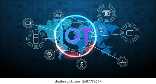 Conexión de dispositivos de todo el mundo en la Internet de las cosas con varios iconos que representan la tecnología inteligente