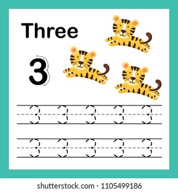 Connecting dot and printable numbers exercise with lovely cartoon for preschool and kindergarten kids illustration, vector