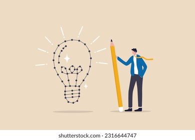 Connecting the dot, solving puzzle problem or business idea, innovation or creativity, challenge or thinking process concept, businessman holding pencil connecting dot puzzle as new lightbulb idea.