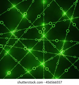 Connecting dots - Connection Business and Science concept. Green Lines and Dots on Dark Background. Vector illustration.