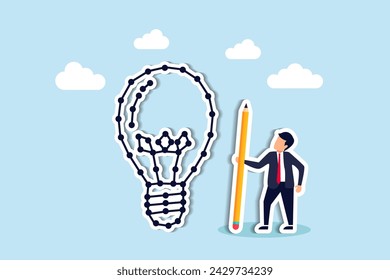 Connecting dots: solving puzzles, innovating business ideas with creativity, challenging thinking processes concept, businessman holding pencil connecting dot puzzle as new lightbulb idea.