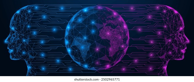 Anschluss an das globale digitale Netzwerk künstlicher Intelligenz. Ein polygonales Design, das aus miteinander verbundenen Linien und Punkten besteht.