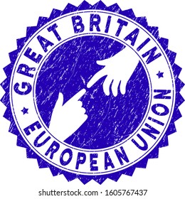 Connecting Great Britain European Union stamp. Blue vector round distress seal stamp with connecting hands for Great Britain European Union. Symbol of political collaboration, cooperation,