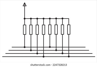 Connecting a group of radio components (resistors) to
four conductors and power supply.
Vector drawing electrical circuit 
with array of resistors. Electrical schematic diagram. 
Array of resistors
