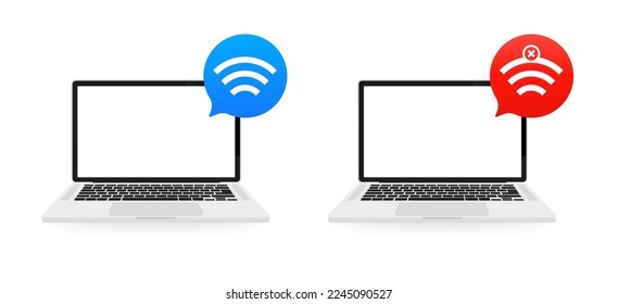 Connecting a laptop to Wi-Fi, Connection error. Unsafe Wireless Connections, Insecure Hacked Malicious Free Public Wi-Fi Hotspots - Virus, Backdoor, Ransomware, Fraud, Spam. Vector illustration