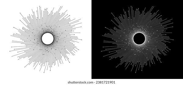 Connecting many dots with circle in center via lines. Big Data concept. Design element or icon. Black shape on a white background and the same white shape on the black side.