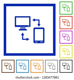 Connecting mobile to desktop flat color icons in square frames on white background