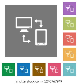 Connecting mobile to desktop flat icons on simple color square backgrounds