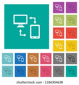 Connecting mobile to desktop multi colored flat icons on plain square backgrounds. Included white and darker icon variations for hover or active effects.