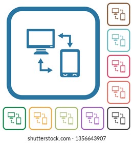 Connecting mobile to desktop simple icons in color rounded square frames on white background