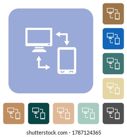 Connecting mobile to desktop white flat icons on color rounded square backgrounds