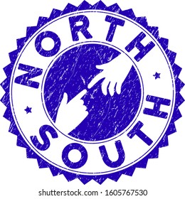 Connecting North South seal stamp. Blue vector rounded distress seal stamp with connecting hands for North South. Symbol of political collaboration, cooperation, partnership and conflicts.