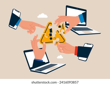 Connecting online puzzle elements with exclamation attention sign. Flat vector illustration