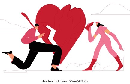 Connecting parts fragments of a broken heart. Creation of a married couple, restoration of romantic relations and trust. Love concept. Flat graphic vector illustration isolated on white background.