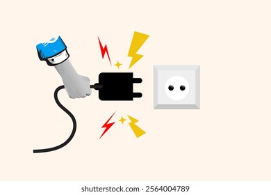 Connecting power plug. Electric power plug holding in hand. Unplug, and plugged in the wall socket. Creative concept for web banner, social media banner