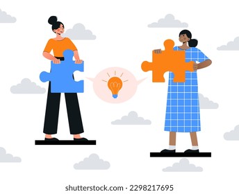 Connecting puzzle concept. Teamwork metaphor. Collaboration and cooperation, teamwork and partnership. Brainstorming, insight and idea. Communication and interaction. Cartoon flat vector illustration