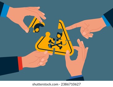 Conexión de los elementos del rompecabezas con la señal de peligro. Administración de incidentes, análisis de causa raíz. Ilustración del vector