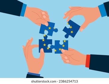 Connecting puzzle elements flag of European Union. Teamwork concept. Vector illustration