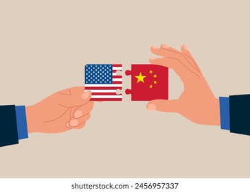 Conexión de Elementos de rompecabezas de rompecabezas de China y EE.UU. Banderas. Relaciones políticas bilaterales y cooperación entre las partes. 
