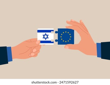 Connecting puzzle elements jigsaw puzzle Israel and European Union flags. Bilateral political relations and cooperation between. 