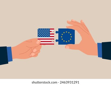 Connecting puzzle elements jigsaw puzzle United State of America and European Union flags. Bilateral political relations and cooperation between. Teamwork concept. Vector illustration