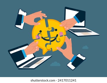 Connecting puzzle elements smiling emoji symbol in internet. Online. Employee happiness. Vector illustration