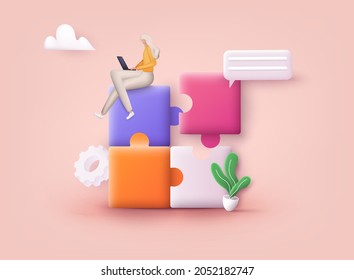 Connecting Puzzle Elements.  Team Metaphor. Business Approach, Brainstorming. 3D Web Vector Illustrations.