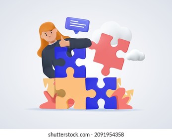 Elementos del rompecabezas de conexión. Metáfora del equipo. Enfoque empresarial, lluvia de ideas. Ilustraciones de vectores Web 3D. Metáfora del equipo. Personas conectando elementos del rompecabezas. Ilustración vectorial 3D gratuita para editar el diseño.