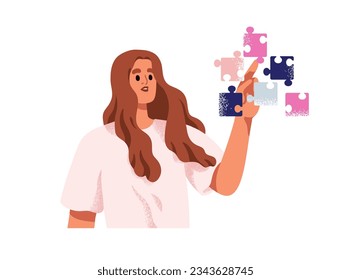 Connecting puzzle, joining jigsaw pieces with hand. Smart woman thinking, solving problem, finding solution. Logic and intelligence concept. Flat vector illustration isolated on white background