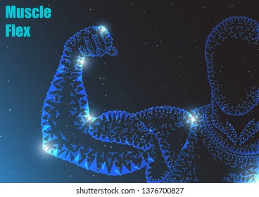 Connecting style design from particles lines and triangles by men bodybuilder show bicep muscle on blue black background. 