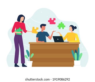 Connecting teams concept illustration. Collaborate to build something creative, Teamwork and startup concept. Men and women work together and brainstorm find idea and solution. Vector in a flat style