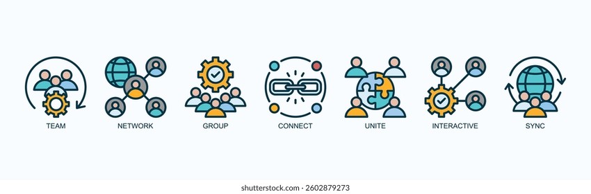 Connecting Teams Icon Set Isolated Vector With Icon Of Team, Network, Group, Connect, Unite, Interactive, Sync In Outline Color Style