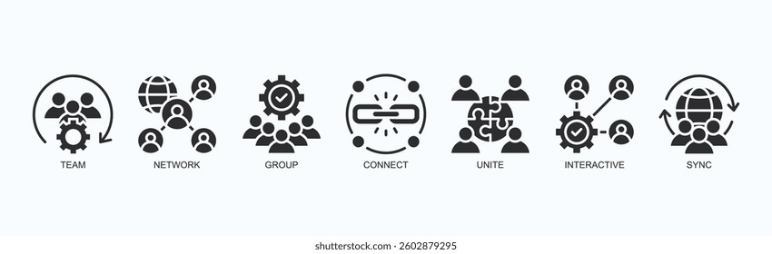Connecting Teams Icon Set Isolated Vector With Icon Of Team, Network, Group, Connect, Unite, Interactive, Sync In Black Style