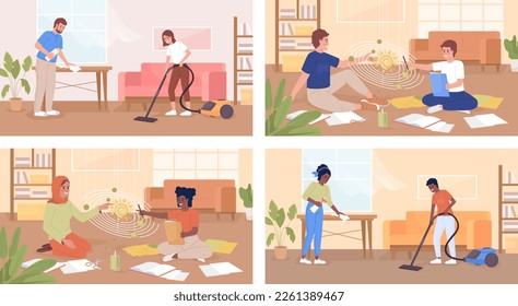 Connecting with teens through chores and homework flat color vector illustration set. Studying together. Housework. Fully editable 2D simple cartoon characters pack with living room on background