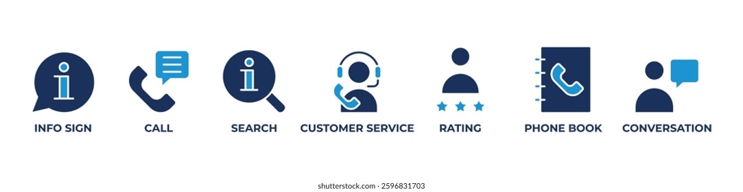 Connecting Through Information Icons set vector illustration with  Info sign, Call, Search, Customer service, Rating, Phone book, Conversation
