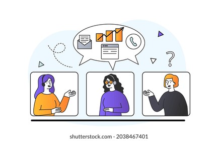 Conectarse para lograr el concepto de resultados. Hombres y mujeres con diferentes habilidades trabajan en proyectos comunes en línea. Metáfora de la asociación. Dibujo vectorial plano de dibujos animados aislado en fondo blanco