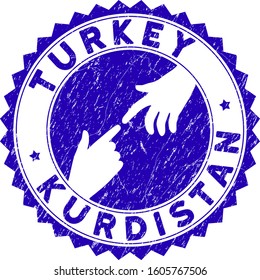 Connecting Turkey Kurdistan stamp seal. Blue vector round distress seal stamp with connecting hands for Turkey Kurdistan. Symbol of political collaboration, cooperation, partnership and conflicts.