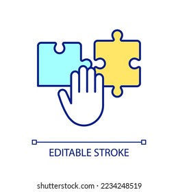 Connecting two details RGB color icon. Puzzle game. Parts arrangement. Integration and combination. Isolated vector illustration. Simple filled line drawing. Editable stroke. Arial font used