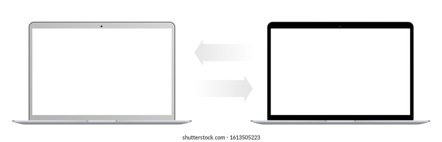Connecting two laptops realistic vector illustration. Laptops connect vector illustration. Notebook connect