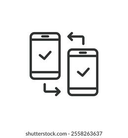 Connecting two phones, icon in line design. Connecting, phones, link, communication, transfer, sync, share on white background vector. Connecting two phones editable stroke icon