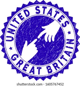 Connecting United States Great Britain stamp. Blue vector rounded scratched stamp with connecting hands for United States Great Britain. Symbol of political collaboration, cooperation,