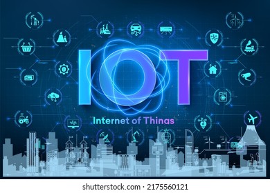 Connecting various high-tech devices to each other. The concept of a smart smart city. Industrial city of Siluet. A web banner for your website with the inscription IOT and icons,  Internet of things