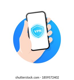 Conexión a la red móvil VPN. Mano con smartphone mostrando la aplicación móvil de un servicio VPN. Ciberseguridad de red privada virtual. Ilustración