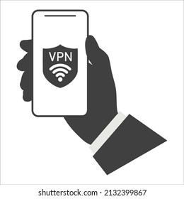 Conexión a la red móvil VPN. Mano con smartphone mostrando la aplicación móvil de un servicio VPN. Ciberseguridad de red privada virtual.