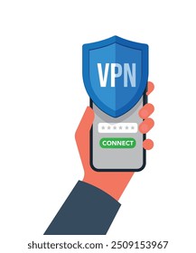 Conexión A VPN A Través De La Red Móvil. Mano que sostiene el teléfono inteligente que muestra el App móvil de un servicio VPN. Ciberseguridad de red privada virtual. Ilustración Ilustración de stock