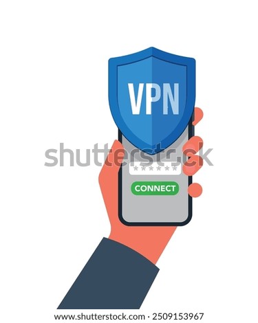 Connecting To VPN Via Mobile Network. Hand holding smartphone showing mobile app of a VPN service. Virtual private network cyber security. Illustration stock illustration