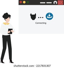 Connecting wallet. Technology of distributed digital transaction record. Innovation Technology Agreement Business Concept. Creative illustration about cryptocurrency for web banner, UI, etc.