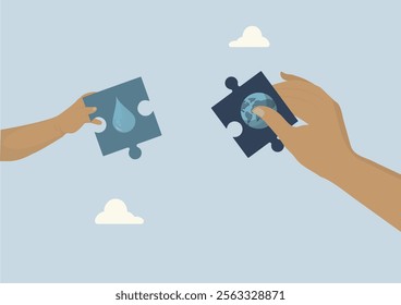 Connecting Water and Planet for a Sustainable Future. hands holding puzzle pieces, one with a water droplet and the other with the Earth, symbolizing the interconnectedness of water and our planet.