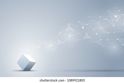 The connection of 3d cube with abstract geometric polygonal with connecting dots and lines. Abstract background. Blockchain and big data concept. Vector illustration.