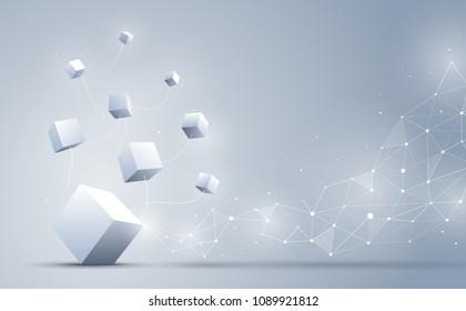 The connection of 3d cubes with abstract geometric polygonal with connecting dots and lines. Abstract background. Blockchain and big data concept. Vector illustration.